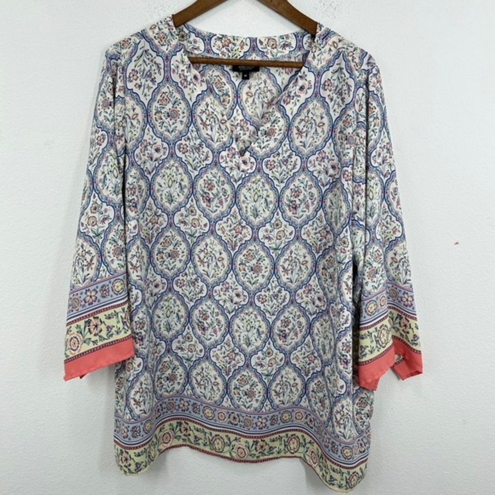 Jones & Co Floral Paisley Print V Neck Blouse‎ Top 1X Multicolor 3/4 Sleeve